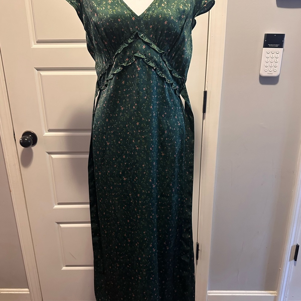 Reformation Green Ruched Flutter Sleeve Gown